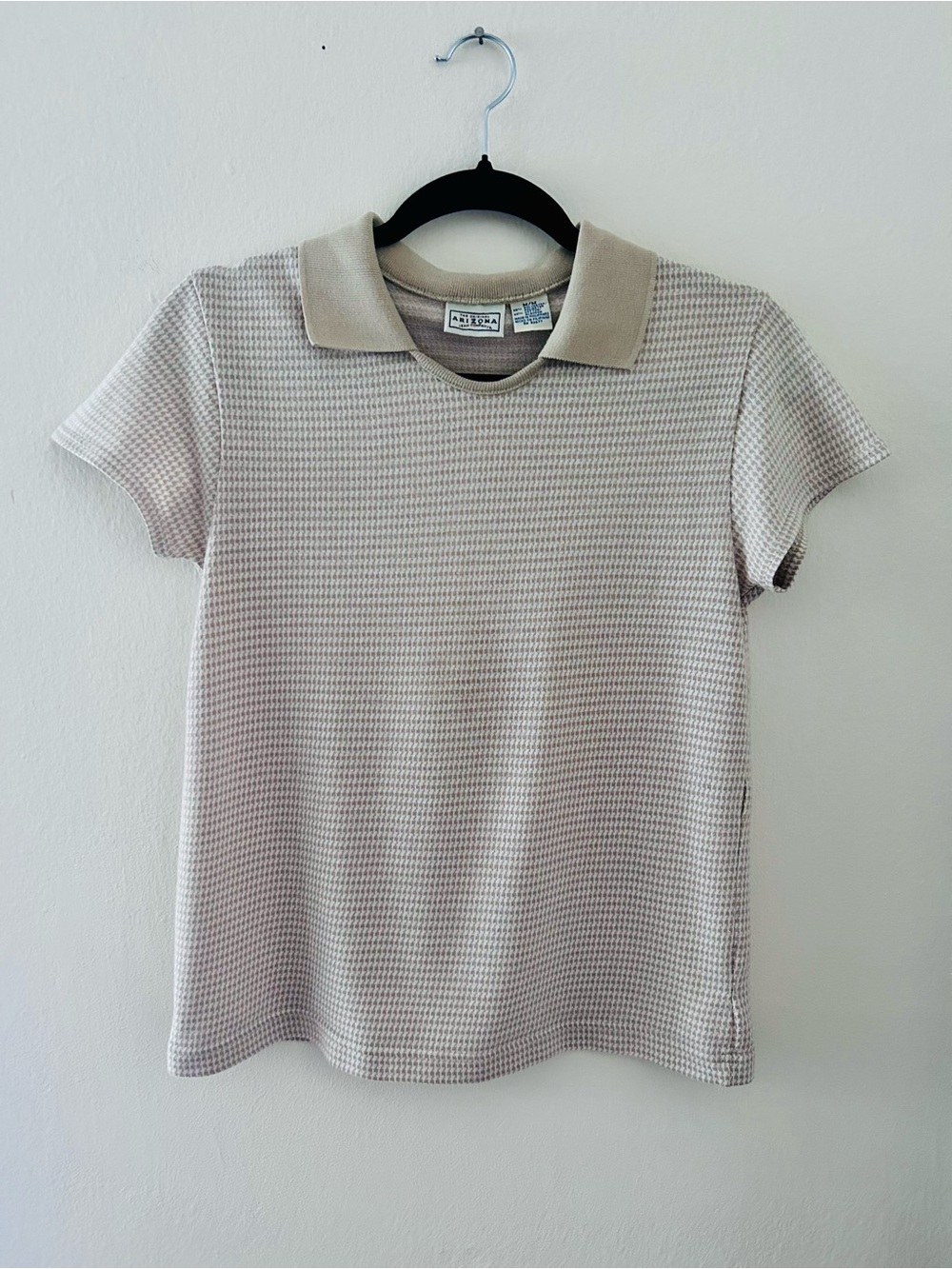 Beige/Cream Collared Houndstooth Polo Top Medium Preppy Tennis Dark Academia - Picture 6 of 8